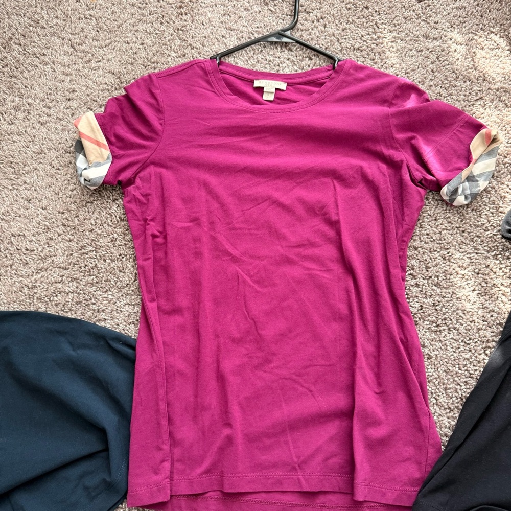 Burberry Fuchsia Tee with Plaid Sleeves